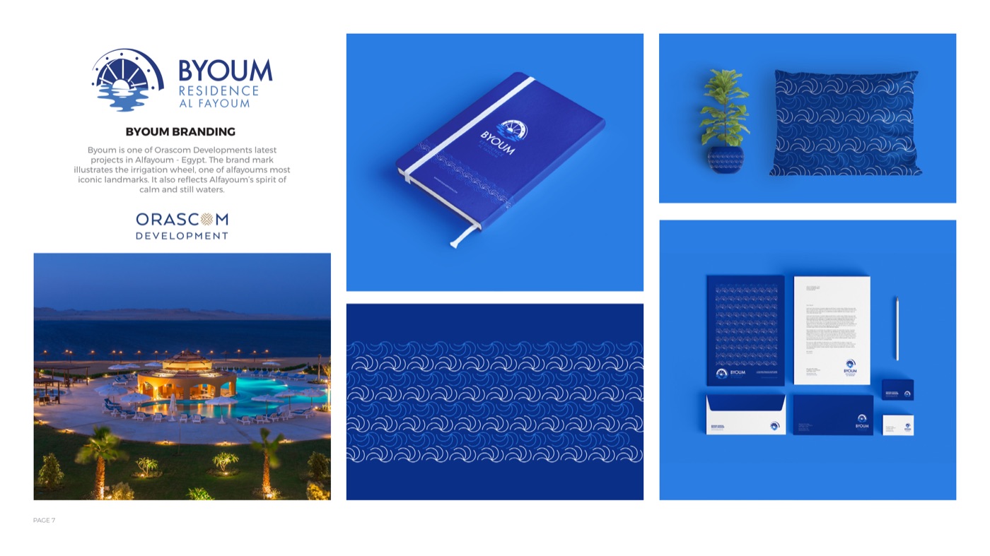 Byoum branding for Orascom Development, a resort residence in Alfayoum, Egypt