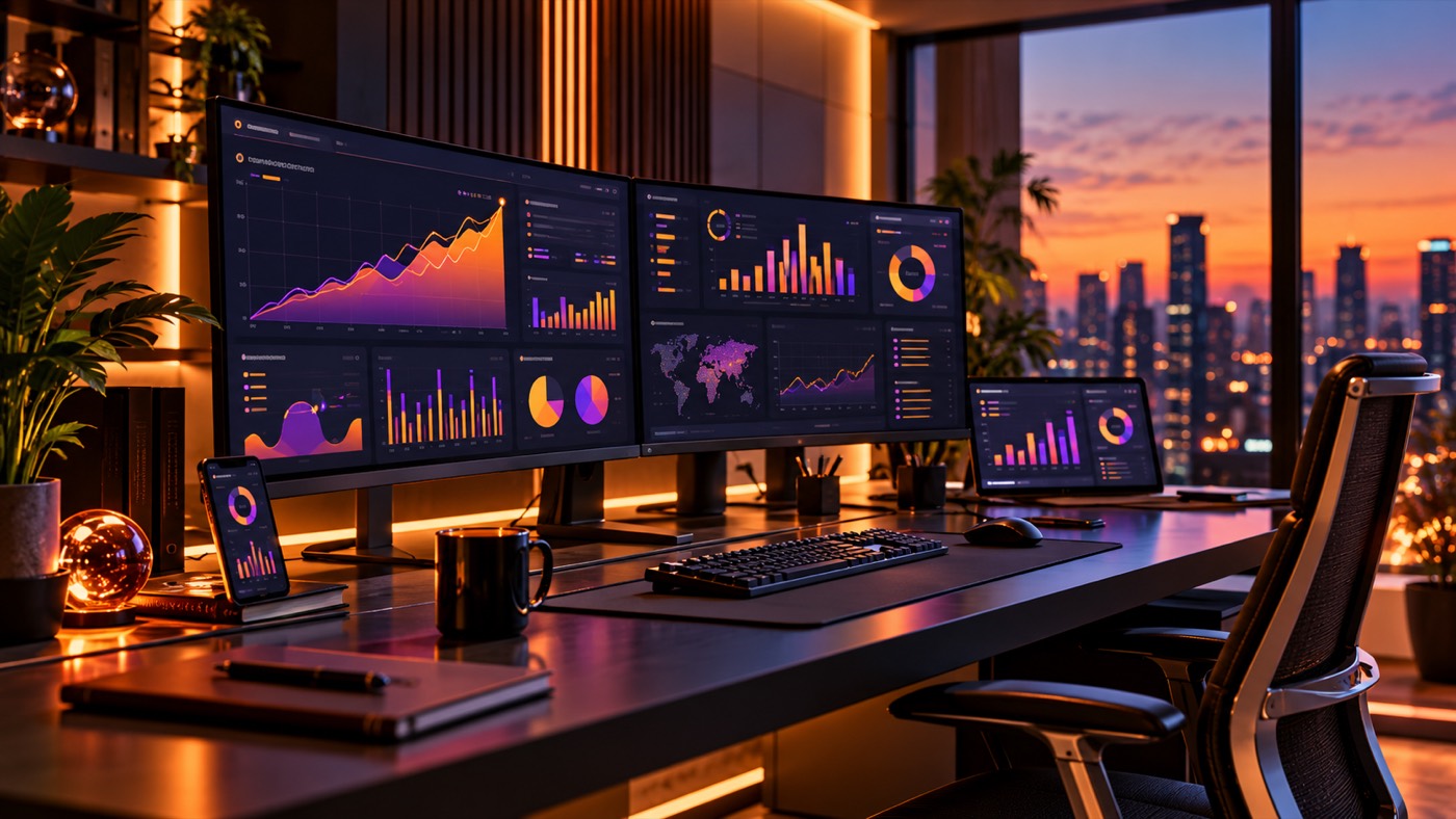 Analytics command-center with growth dashboards across multiple screens