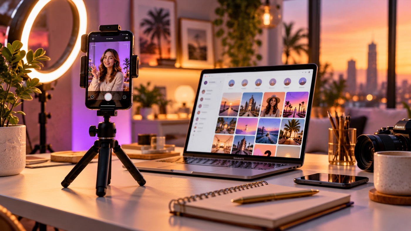 Content creator setup with ring light, tripod and a feed of social posts