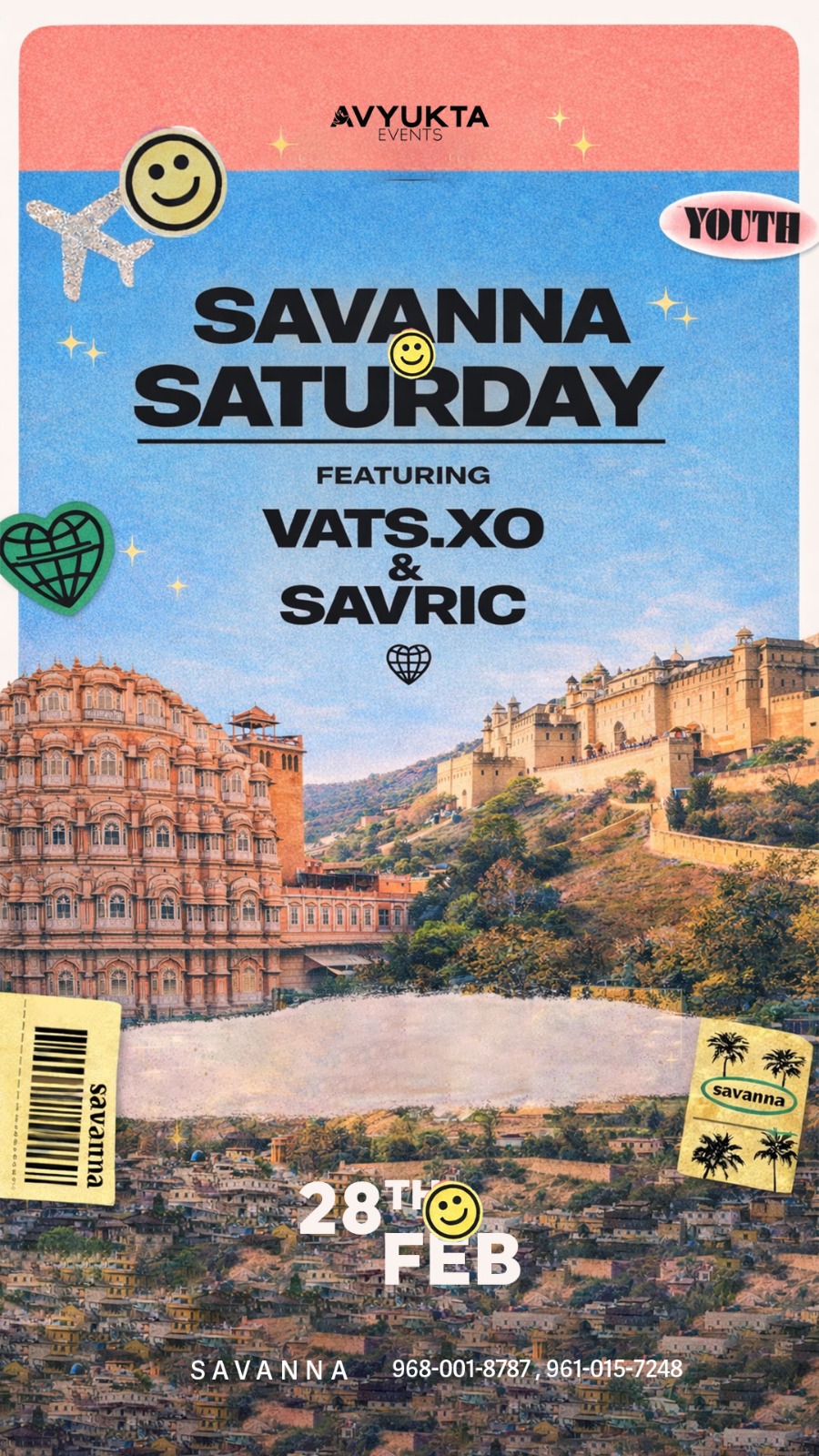 Savanna Saturday poster for Avyukta Events, scrapbook style over Jaipur skyline