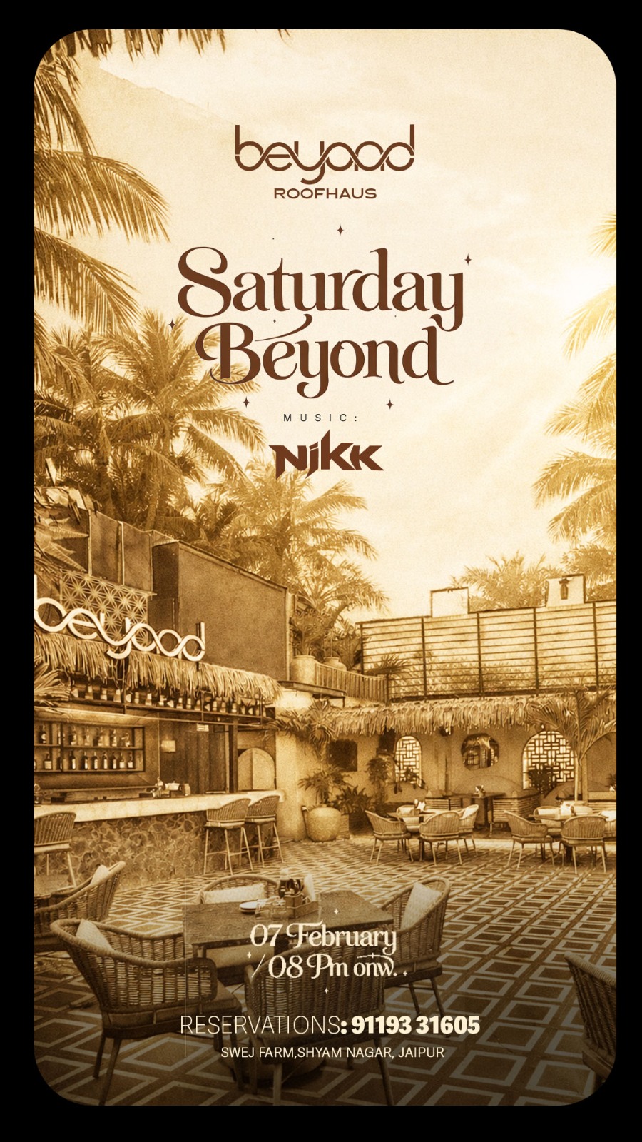 Saturday Beyond poster for Beyoad Roofhaus, sepia-toned rooftop photo