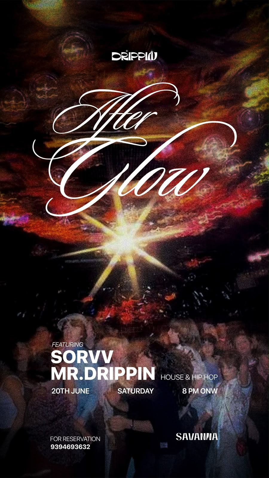 After Glow poster for Drippin, film-grain dancefloor photography with script type