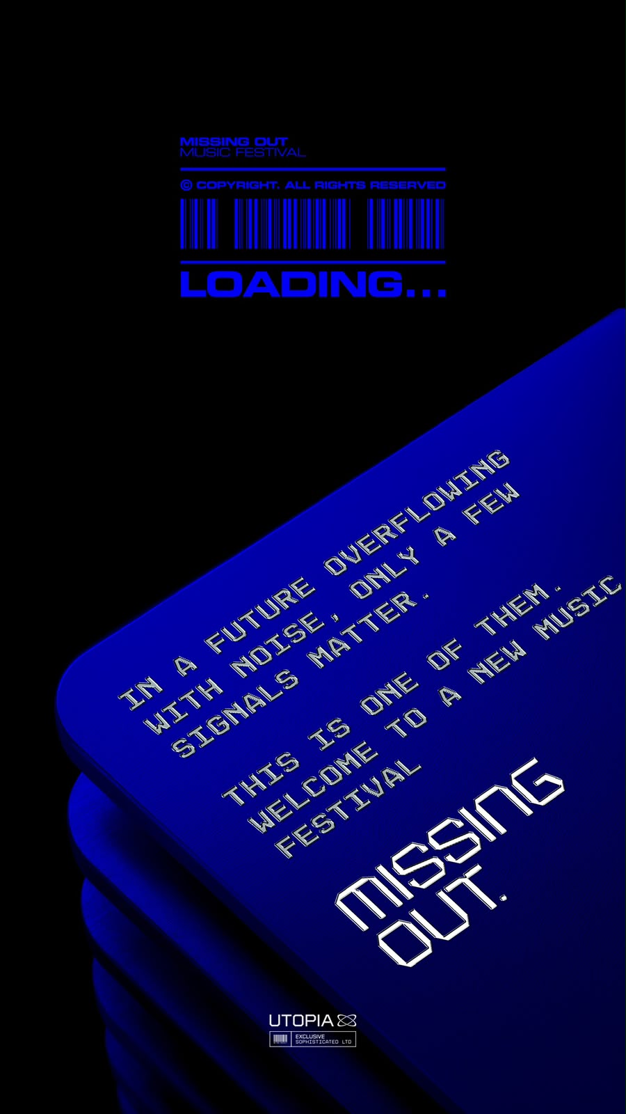 Missing Out music festival teaser poster for Utopia, blue sci-fi style